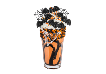 Spooky Halloween Milkshake with Bats, Spiderwebs, and Orange Sprinkles on White Background