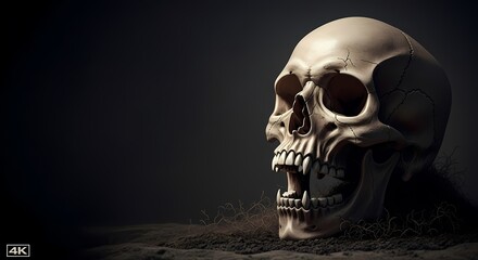 Fototapeta premium Realistic human skull resting on dark barren ground against atmospheric moody backdrop perfect for Halloween Gothic themes and studies