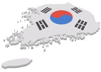 3D map of South Korea in the colors of the South Korean flag (cut out)