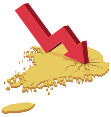 3D yellow map of South Korea with a downward arrow making cracks on the map (cut out)