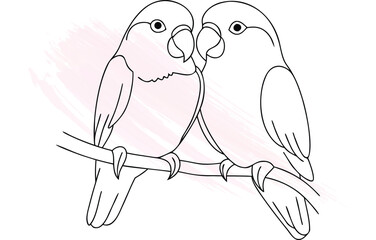Two lovebirds perched a branch line drawing with  brush stroke Single line animal