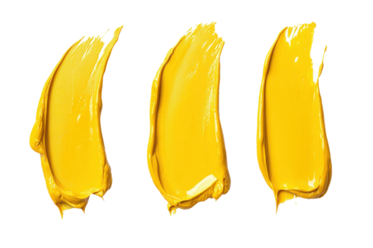 Set of golden yellow paint strokes isolated on transparent background. Collection set of mustard lines isolated on white background.