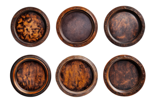 Oval wooden frames with textured inserts isolated on transparent background. Collection set of round vintage picture frame isolated on white background.