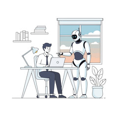 Office meeting between human employee and AI robot assistant