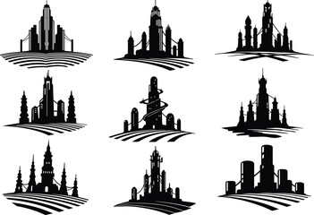 Obraz premium Collection of modern and futuristic city skyline silhouette vector illustrations for architecture, urban landscape, real estate, and metropolitan design concepts