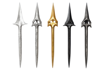 Collection of ornate fantasy trident weapons isolated on transparent background. Collection set of tridents in silver gold and black isolated on white background.
