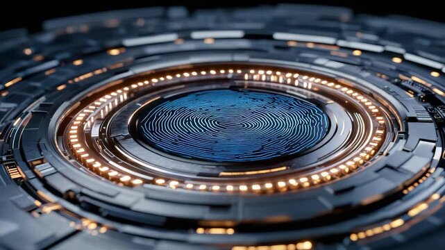 Futuristic design with intricate circular patterns and glowing fingerprint elements metallic style