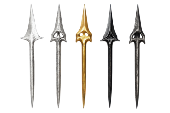 Collection of ornate fantasy trident weapons isolated on transparent background. Collection set of tridents in silver gold and black isolated on white background.