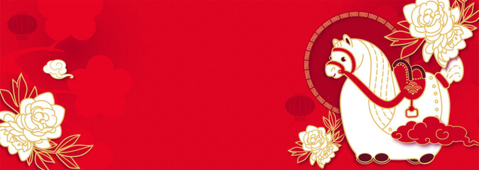 Happy 2026 Chinese New Year, Year of the Horse! Lunar calendar holiday paper cut design with cute horse, flowers and clouds. Chinese text means "Horse"