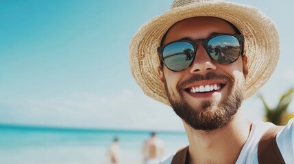 close-up shot of a good-looking male tourist. Enjoy free time outdoors near the sea on the beach. Looking at the camera while relaxing on a clear day Poses for travel selfies smiling happy tropical