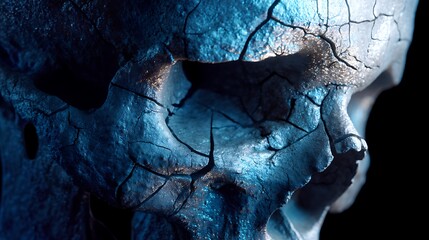 cinematic macro shot of cracked skull emitting soft blue and white light, emotional symbolism of freedom from anxiety, photorealistic textures, 