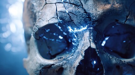 cinematic macro shot of cracked skull emitting soft blue and white light, emotional symbolism of freedom from anxiety, photorealistic textures, 