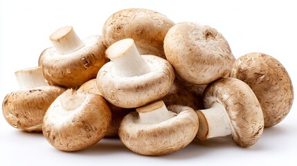Fresh, whole button mushrooms piled high. Close-up view, isolated on a clean white background. Perfect champignons ready for cooking or culinary display.
 