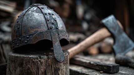 viking. Weathered Viking helmet beside wooden stump with embedded axe. event programs, museum guides, designed for cultural heritage projects and event programs, used by lab technicians.
