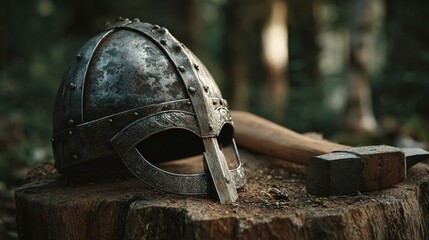 viking. Weathered Viking helmet beside wooden stump with embedded axe. event programs, museum guides, designed for cultural heritage projects and event programs, used by lab technicians.