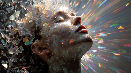 conceptual painting of a person’s head dissolving into shards of crystal, radiant light and color escaping upward, visual metaphor for mental freedom and spiritual awakening, 