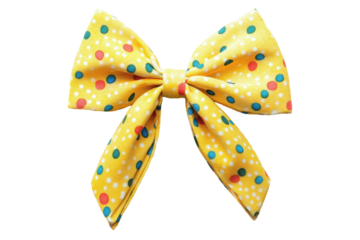 Yellow polka dot bow tie isolated on transparent background. Colorful dotted yellow bow isolated on white background.