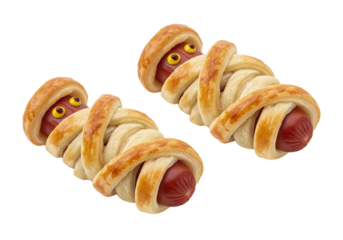 Delicious Halloween Mummy Hot Dogs Isolated on White Background
