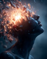 digital fine art portrait of person with their head breaking apart into floating shards of thought, powerful glowing core of light inside, rebirth of consciousness concept, 