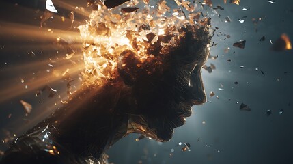 hyper-realistic fine art of human head shattering into fragments with beams of light bursting outward, symbolizing mental liberation and freedom, dramatic lighting, cinematic depth, 32K resolution, 