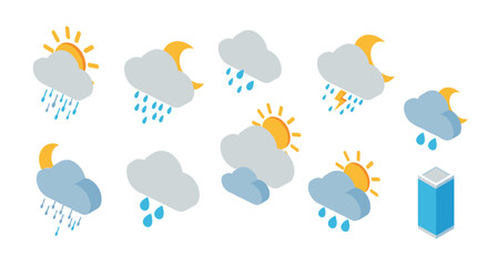Isometric weather icons collection with sun, moon, clouds, and rain