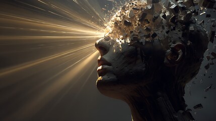 hyper-realistic fine art of human head shattering into fragments with beams of light bursting outward, symbolizing mental liberation and freedom, dramatic lighting, cinematic depth, 32K resolution, 