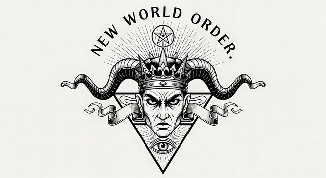 Intricate Black and White Illustration Featuring a Horned Crowned Face with All-Seeing Eye Symbol and New World Order Text Design