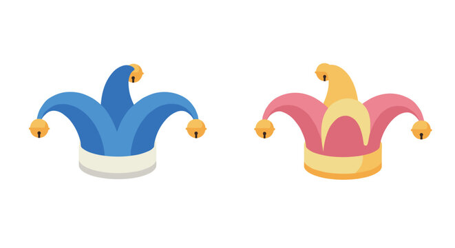 Colorful jester hats with bells in cartoon style on white background