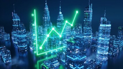 Futuristic urban skyline featuring glowing skyscrapers and vibrant neon lights, showcasing technology and finance growth through dynamic digital graph overlays in lively atmosphere - Powered by Adobe