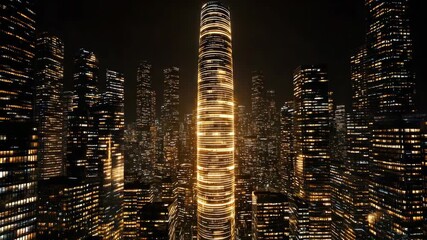 Futuristic urban skyline at night with illuminated skyscrapers and vibrant lights shining bright - Powered by Adobe