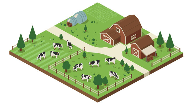 Charming isometric farm with cows roaming green pastures and rustic barns