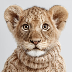 A cute lion cub wearing a sweater, looking at the camera