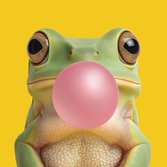 A frontal photo of a tree frog blowing a pink bubble gum with its mouth