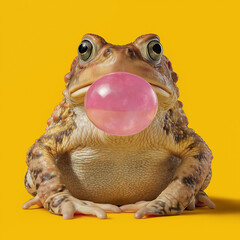 A frontal photo of a tree frog blowing a pink bubble gum with its mouth