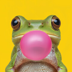 A frontal photo of a tree frog blowing a pink bubble gum with its mouth