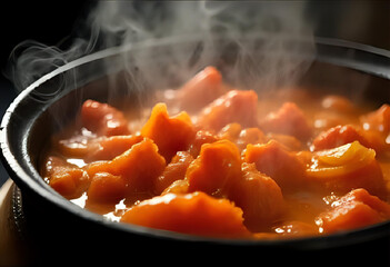 Close-up Steaming Hot Kimchi Stew with Vegetables in a Pan