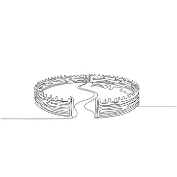 Traditional kraal enclosure in one line art style, black and white, representing African culture and rural life, with copy space