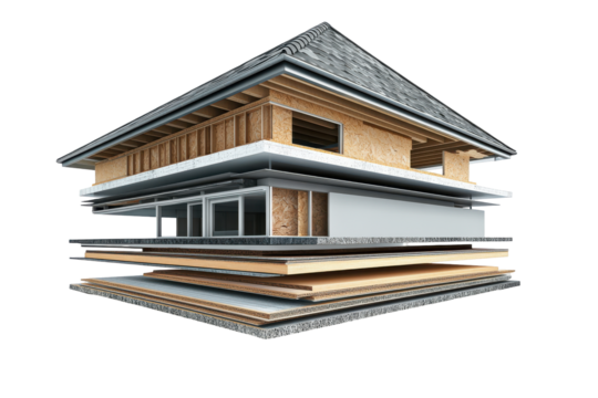 Traditional japanese wooden building architectural model isolated on transparent background. Cross section of roof structure with various layers isolated on white background.