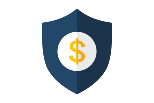 A dark blue shield with a white circle and a golden dollar sign inside, isolated on transparent background