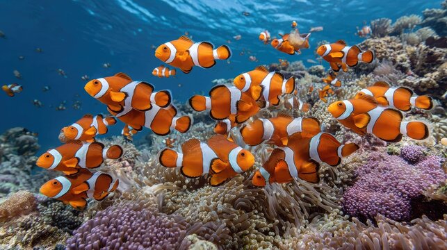Vibrant school of clownfish swimming near colorful coral reef underwater