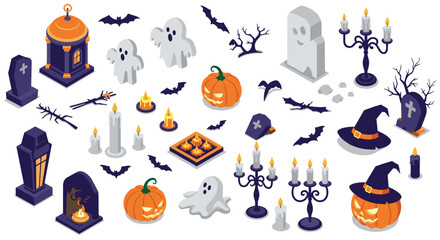 Festive isometric halloween icons with pumpkins, ghosts, and candles