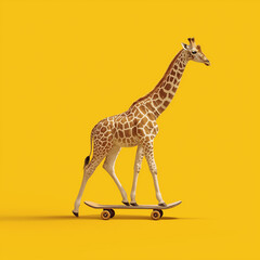 A giraffe is riding a small skateboard. The background is yellow