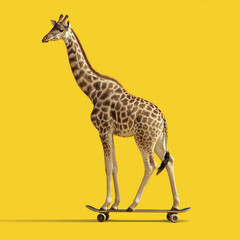 A giraffe is riding a small skateboard. The background is yellow
