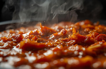 Close-up Steaming Hot Kimchi Stew with Vegetables in a Pan