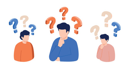 People contemplating decisions with floating question marks in modern flat design