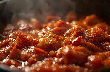Close-up Steaming Hot Kimchi Stew with Vegetables in a Pan