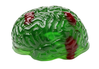 Ghoulish Green Gummy Brain with Red 'Blood' Syrup - Spooky Halloween Dessert Isolated on White