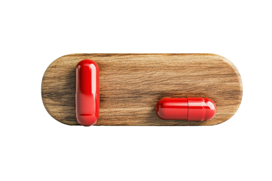 Red capsules on a wooden surface isolated on transparent background. Empty wooden sign isolated on white background.