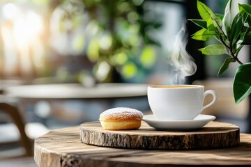 Fototapeta premium Steaming coffee and pastries by sunny windowsill for a cozy morning moment