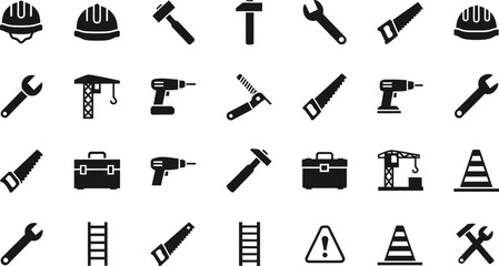 Collection of black construction and diy tools and safety equipment icons isolated on transparent background